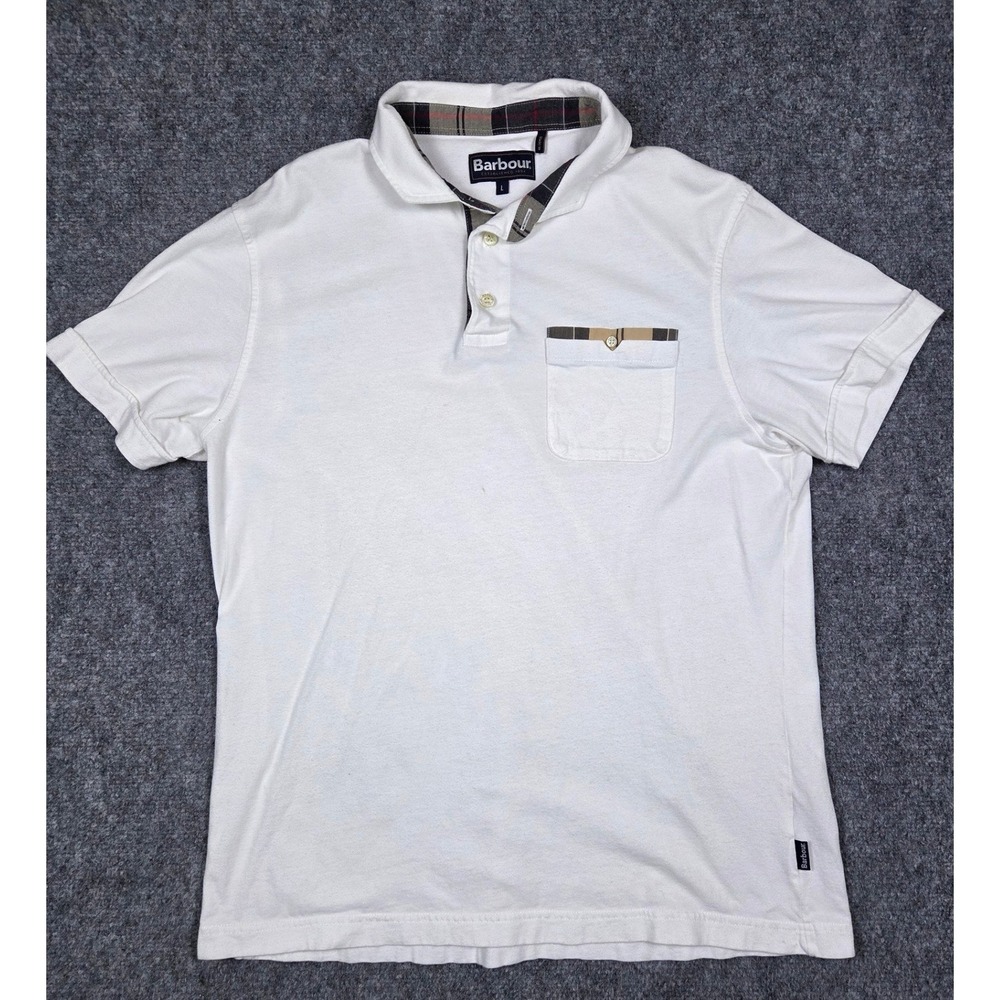 Barbour Polo Shirt Mens Large White Tartan Plaid Trim Pocket Short Sleeve Cotton